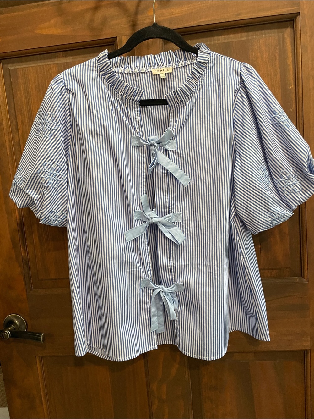 JODIFL Blue and White Striped Bow-Front Blouse